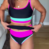 Maillot de bain trois pièces élégant à blocs de couleurs