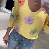 Pull Manches Longues Fleuri Col En V