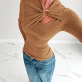 T-Shirt Femme Manche Longue Côtes Tricot Tournant Devant