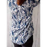 Blouse décontractée boutonnée imprimé feuilles, col V et manches neuf-quarts