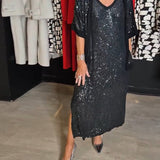 Ensemble robe fendue à paillettes de couleur unie à la mode avec col en V