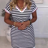Robe Col En V Rayée Contrastée