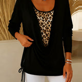T-shirt faux deux pièces à lacets imprimé léopard