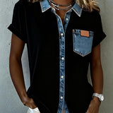 T-Shirt Denim Patchwork Col Retourné