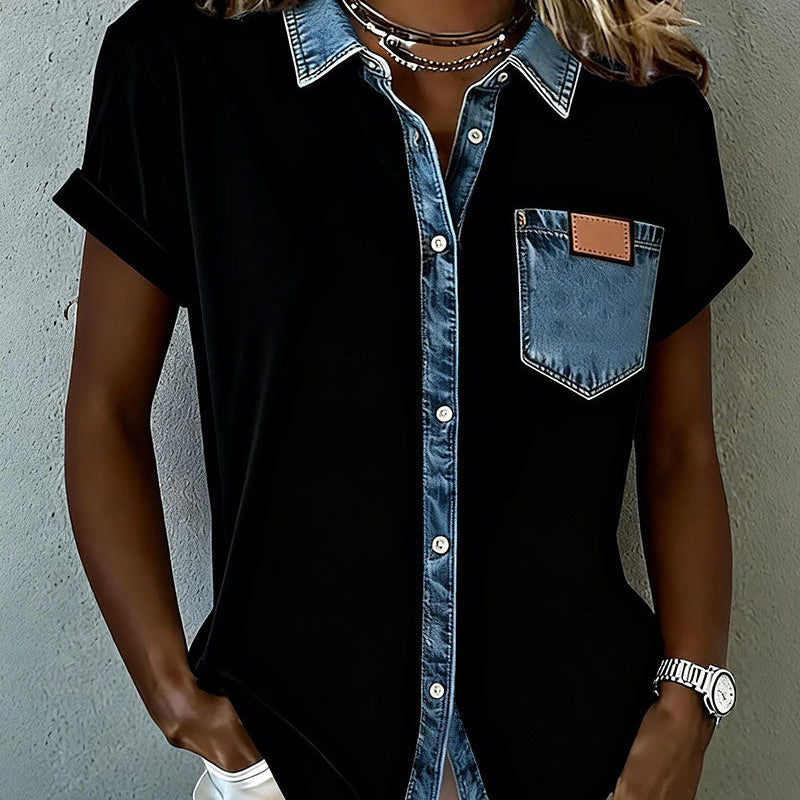 T-Shirt Denim Patchwork Col Retourné