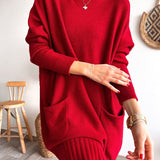 Robe pull décontractée de couleur unie avec col ras du cou et poche