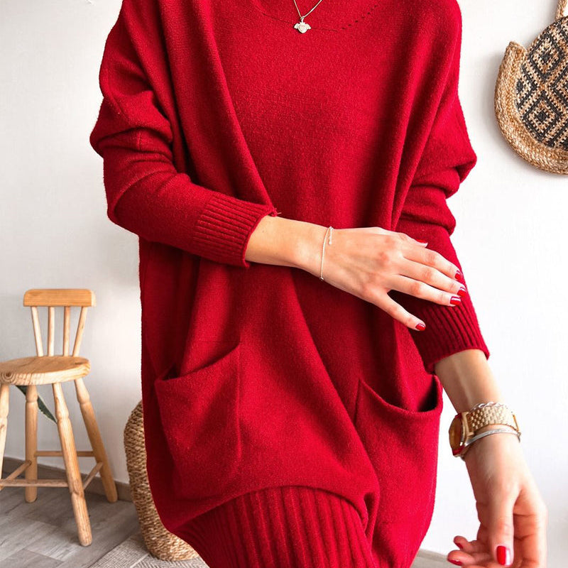 Robe pull décontractée de couleur unie avec col ras du cou et poche
