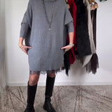 Robe Costume en Dentelle Maille avec Bretelles Col Haut Manches Chauve-Souris