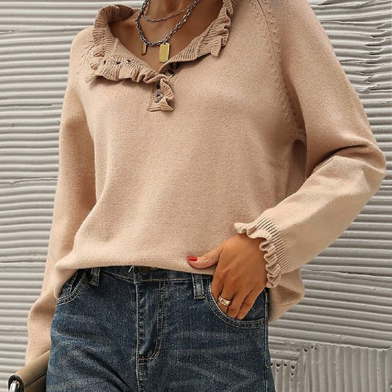 Pull décontracté de couleur unie avec bouton à revers et volants