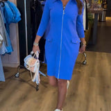 Robe Col Unie Fermeture Éclair Manches Longues