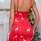 Robe camisole fendue en dentelle à imprimé renne tendance