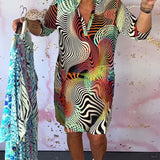Robe à poches imprimée colorée avec col en V et demi-manches