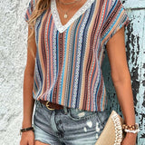 T-Shirt Imprimé Coloré En Dentelle Col En V
