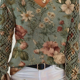 Pull Jacquard Col V Ajouré Manches Longues