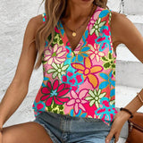 Gilet Col V Imprimé Fleuri Sans Manches