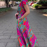 Robe longue col V imprimé coloré manches raglan