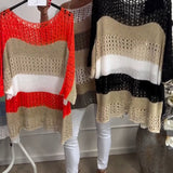 Pull décontracté à manches longues creux avec blocs de couleurs