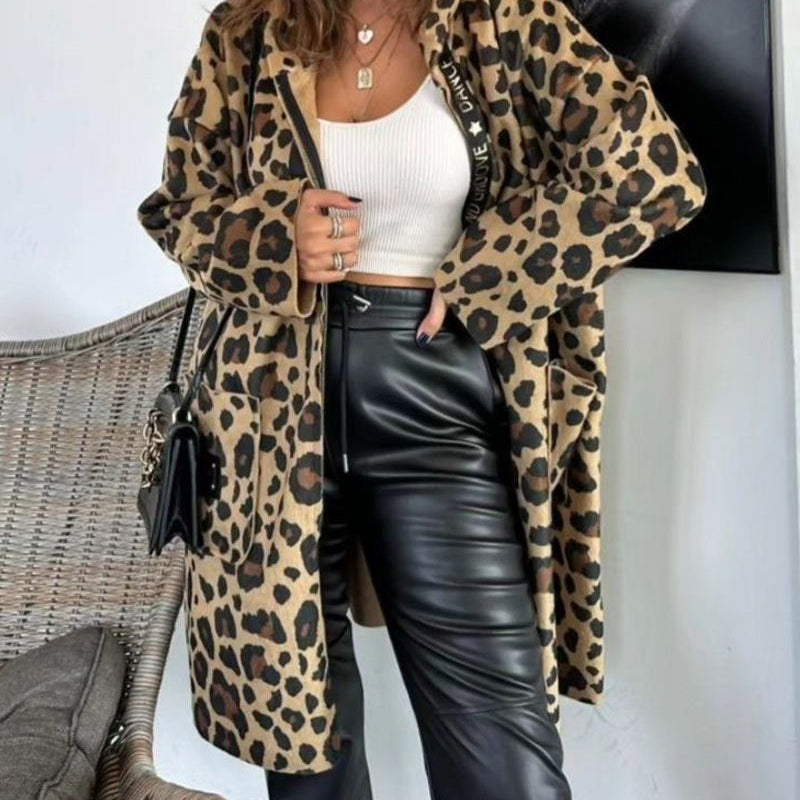Manteau à capuche décontracté à imprimé léopard avec poche