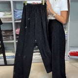 Pantalon Élégant Haute Taille Brillant Large Jambe