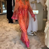 Robe à manches longues en V profond à imprimé géométrique rétro