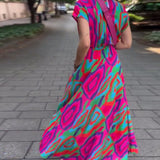 Robe longue col V imprimé coloré manches raglan