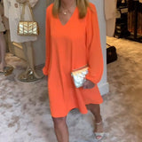 Robe col en V à manches lanternes de couleur unie