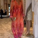 Robe à manches longues en V profond à imprimé géométrique rétro