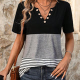 T-Shirt Casual Rayé Couleur Contrastée