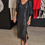 Ensemble robe fendue à paillettes de couleur unie à la mode avec col en V