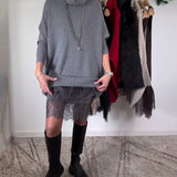 Robe Costume en Dentelle Maille avec Bretelles Col Haut Manches Chauve-Souris