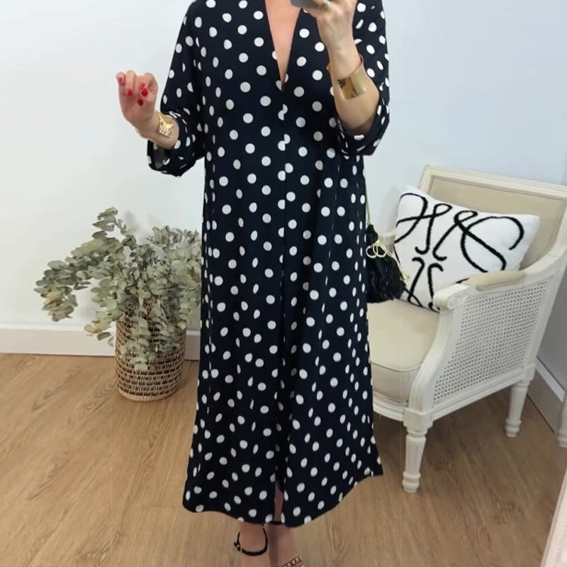 Robe à col V, coupe ample et à pois