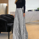 Pantalon large taille haute à sequins