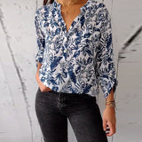 Blouse décontractée boutonnée imprimé feuilles, col V et manches neuf-quarts