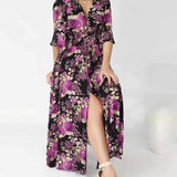 Robe longue à col en V à imprimé floral