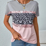 T-Shirt Col Rond Imprimé Léopard Bloc De Couleur
