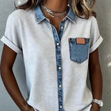 T-Shirt Denim Patchwork Col Retourné