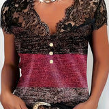 T-Shirt Col V Dentelle Patchwork Contraste Couleur