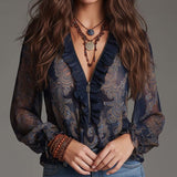Blouse Demi-Zip Volant Rétro
