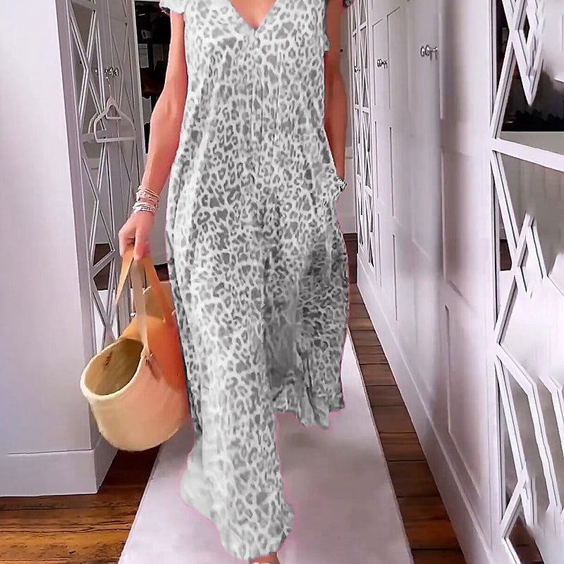 Robe longue col V en imprimé à manches courtes